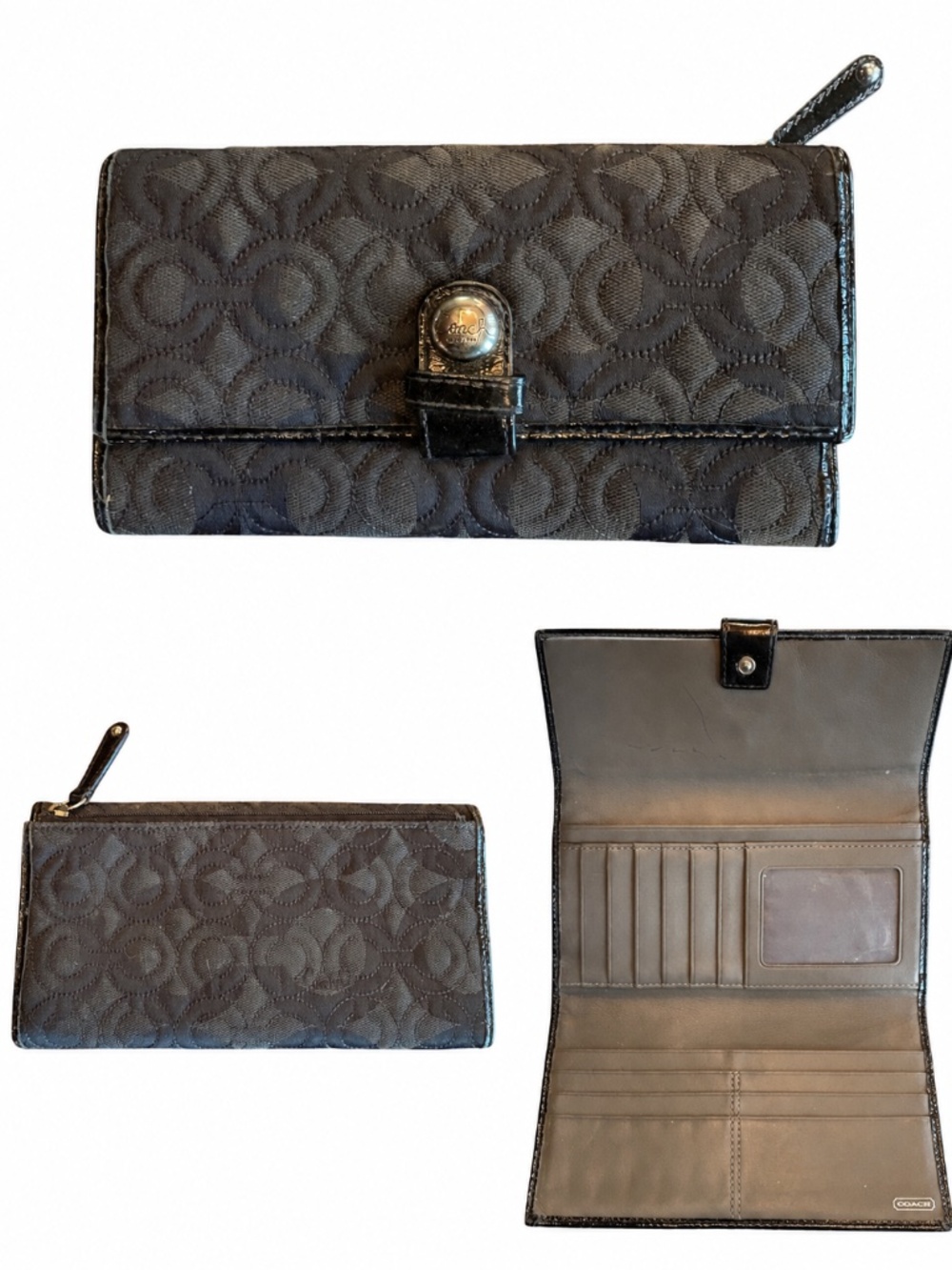 Coach Black Tonal Signature C Trifold Long Wallet